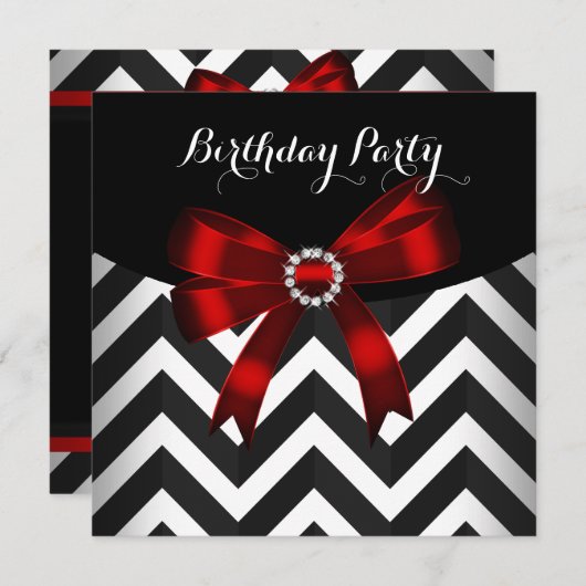 Rode zwarte Chevron Stripe Birthday Party (3) Kaart (Voorkant / Achterkant)