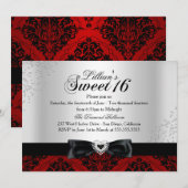 Rode Zwarte Damast Glans Sweet 16 Uitnodiging (Voorkant / Achterkant)