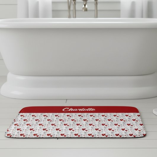 Rode Zwarte Doodle Harten Retro Monogram Naam Badmat