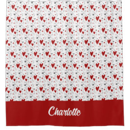Rode Zwarte Doodle Harten Retro Monogram Naam Douchegordijn