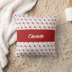 Rode Zwarte Doodle Harten Retro Monogram Naam Kussen