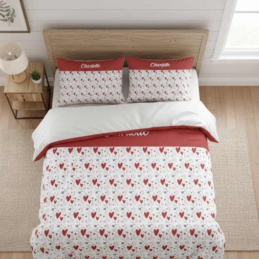 Rode Zwarte Doodle Harten Retro Monogram Naam Kussensloop
