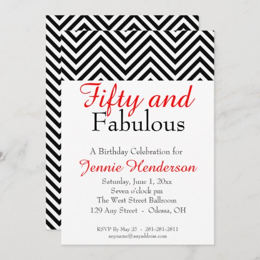 Rode, zwarte en Witte Chevron Birthday Uitnodiging (Voorkant / Achterkant)
