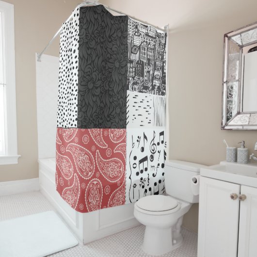 Rode, zwarte en witte collage douchegordijn (In situ)