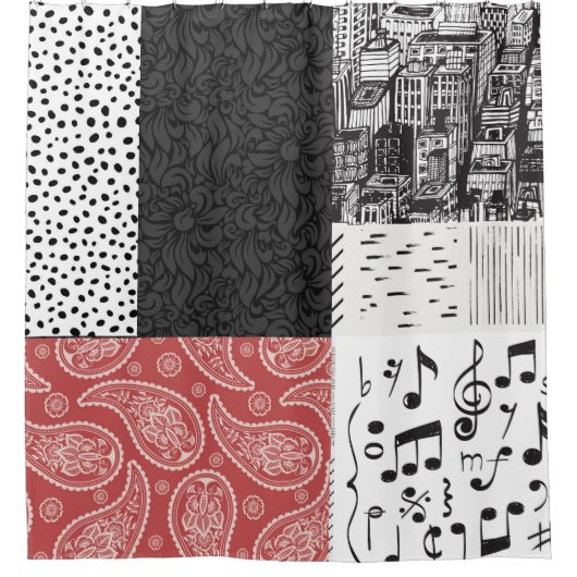 Rode, zwarte en witte collage douchegordijn (Voorkant)