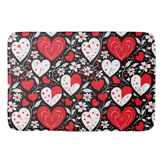 Rode, zwarte en witte harten en bloemen badmat (Voorkant)