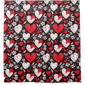 Rode, zwarte en witte harten en bloemen douchegordijn (Voorkant)