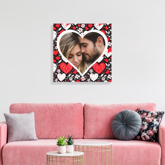 Rode, zwarte en witte harten en bloemen foto canvas afdruk (Insitu (Woonkamer))