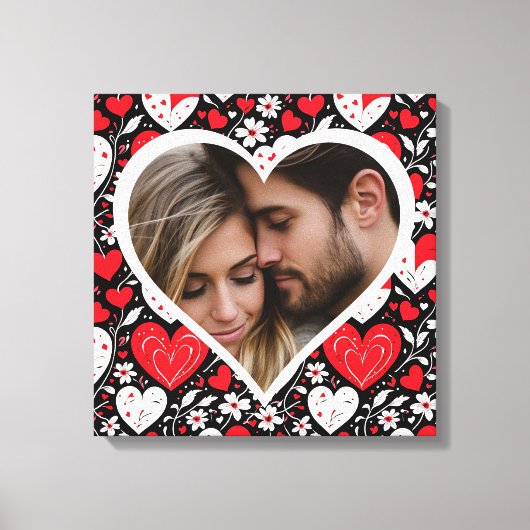 Rode, zwarte en witte harten en bloemen foto canvas afdruk (Voorkant)