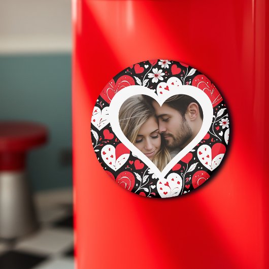 Rode, zwarte en witte harten en bloemen foto magneet
