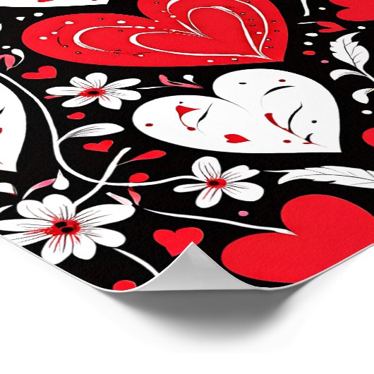 Rode, zwarte en witte harten en bloemen foto poster (Hoek)