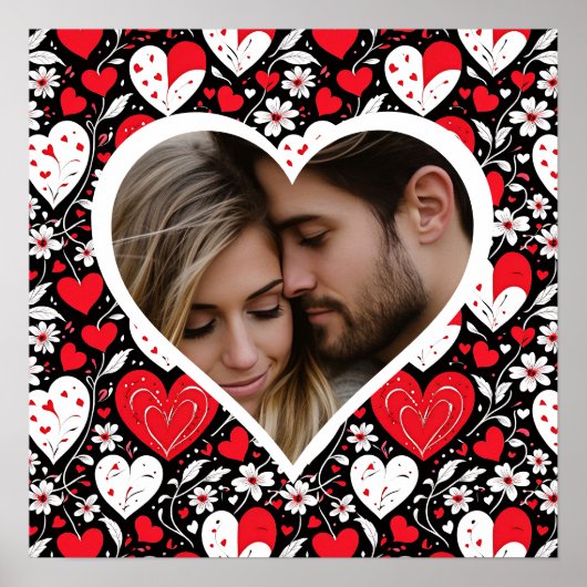 Rode, zwarte en witte harten en bloemen foto poster (Voorkant)