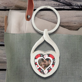 Rode, zwarte en witte harten en bloemen foto sleutelhanger