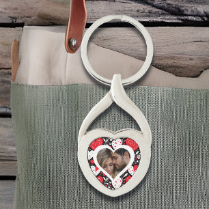 Rode, zwarte en witte harten en bloemen foto sleutelhanger