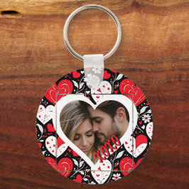 Rode, zwarte en witte harten en bloemen foto sleutelhanger