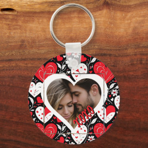 Rode, zwarte en witte harten en bloemen foto sleutelhanger