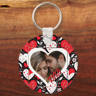 Rode, zwarte en witte harten en bloemen foto sleutelhanger