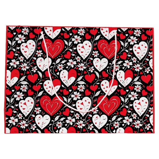 Rode, zwarte en witte harten en bloemen groot cadeauzakje (Achterkant)