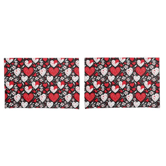 Rode, zwarte en witte harten en bloemen kussensloop (Voorkant-Set)