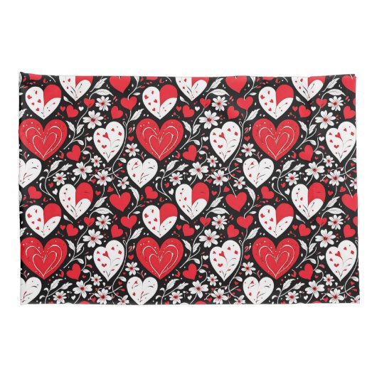Rode, zwarte en witte harten en bloemen kussensloop (Achterkant-Rechts)