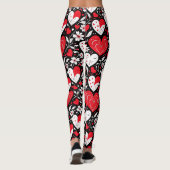 Rode, zwarte en witte harten en bloemen patroon leggings (Achterkant)