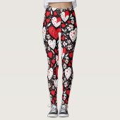 Rode, zwarte en witte harten en bloemen patroon leggings (Voorkant)