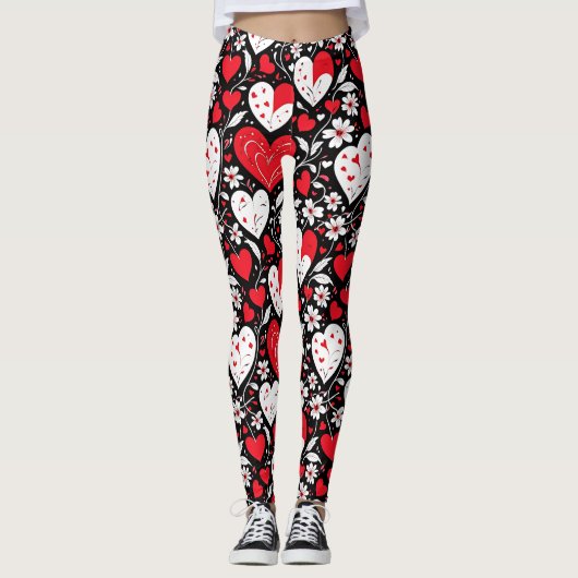 Rode, zwarte en witte harten en bloemen patroon leggings (Voorkant)