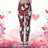 Rode, zwarte en witte harten en bloemen patroon leggings