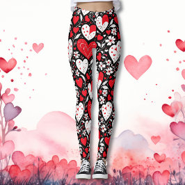 Rode, zwarte en witte harten en bloemen patroon leggings