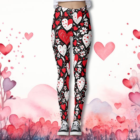 Rode, zwarte en witte harten en bloemen patroon leggings