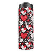 Rode, zwarte en witte harten en bloemen patroon thermosbeker (Voorkant)