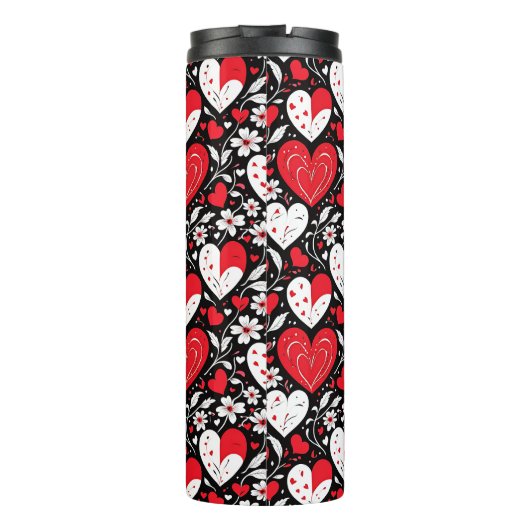 Rode, zwarte en witte harten en bloemen patroon thermosbeker (Achterkant)
