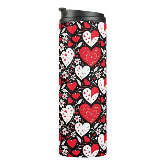 Rode, zwarte en witte harten en bloemen patroon thermosbeker (Geroteerd rechts)