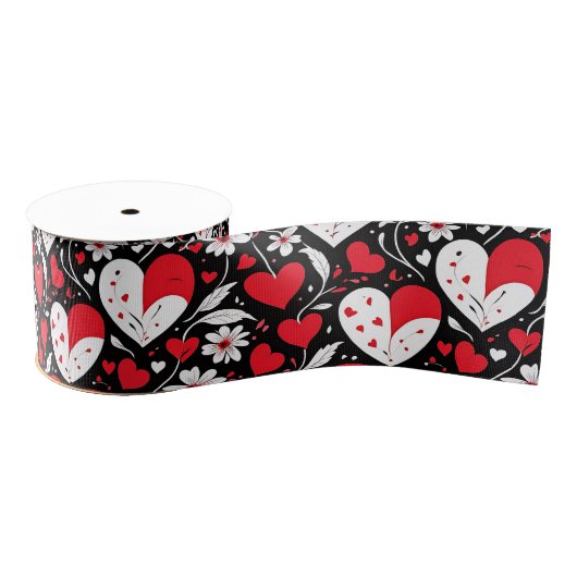 Rode, zwarte en witte harten en bloemen Valentijns Grosgrain Lint (Spoel)