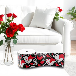 Rode, zwarte en witte harten en bloemen Valentijns Grosgrain Lint