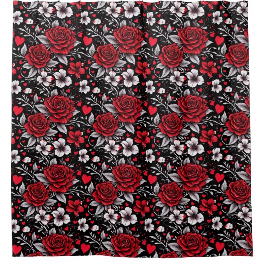 , rode, zwarte en witte rozen, harten douchegordijn (Voorkant)