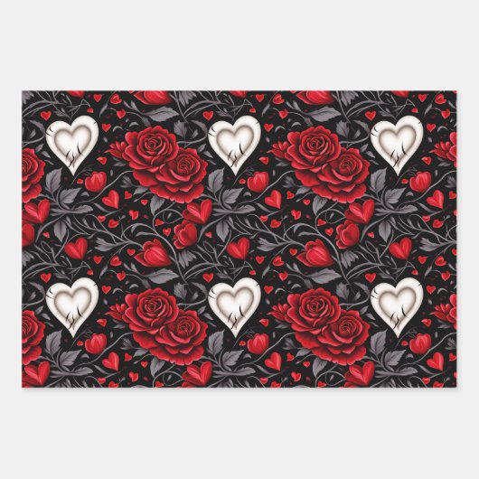 , rode, zwarte en witte rozen, harten inpakpapier vel (Voorkant 3)