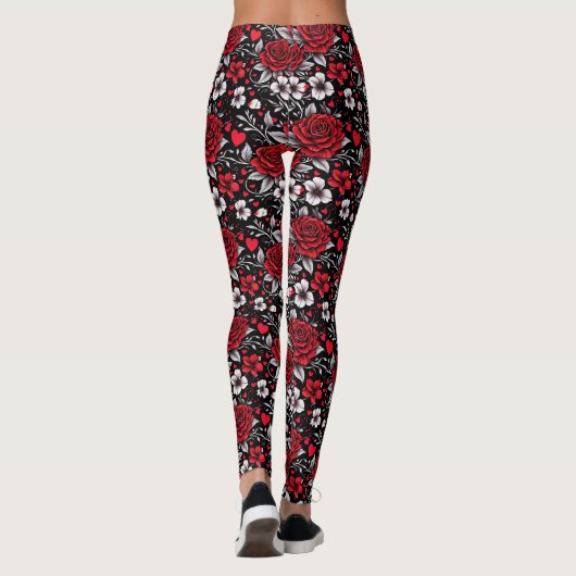 , rode, zwarte en witte rozen, harten leggings (Achterkant)