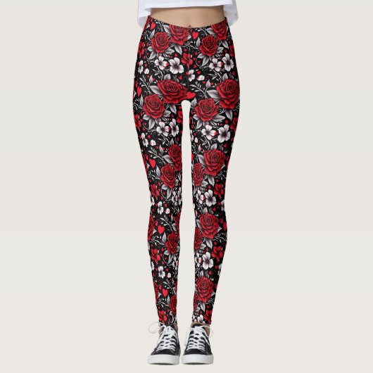 , rode, zwarte en witte rozen, harten leggings (Voorkant)