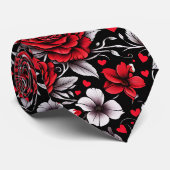 , rode, zwarte en witte rozen, harten stropdas (Opgerold)