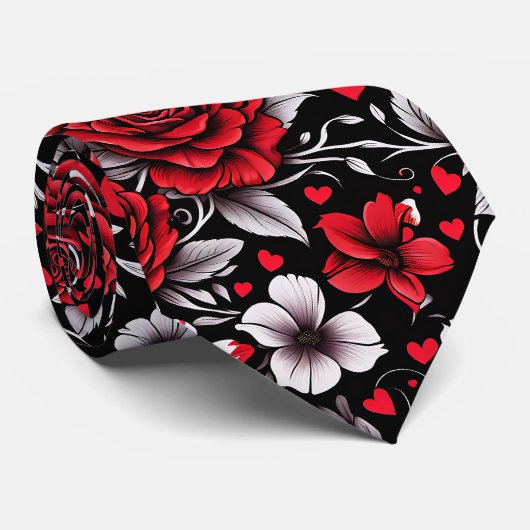 , rode, zwarte en witte rozen, harten stropdas (Opgerold)