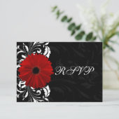 Rode, Zwarte en Witte Scroll Gerbera Daisy RSVP Kaartje (Staand voorkant)