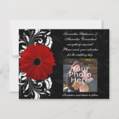 Rode, Zwarte en Witte Scroll Gerbera Daisy Save The Date (Achterkant)