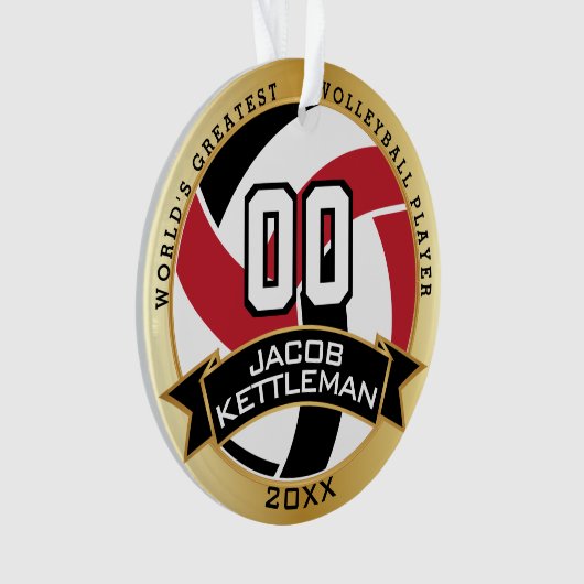 Rode, zwarte en witte volleybal | DIY-tekst Ornament (voorkant)
