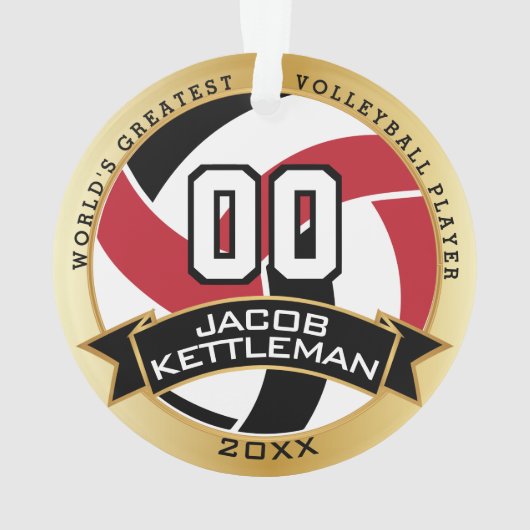 Rode, zwarte en witte volleybal | DIY-tekst Ornament (achterkant)