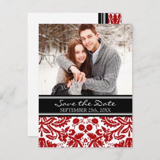Rode zwarte foto Bewaar de datum bruiloft Briefkaa Aankondigingskaart (Voorkant / Achterkant)