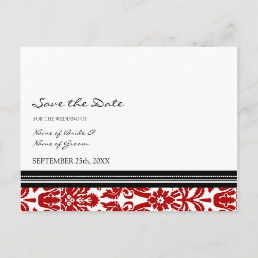 Rode zwarte foto Bewaar de datum bruiloft Briefkaa Aankondigingskaart (Achterkant)