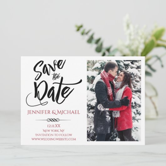 Rode zwarte foto Sla de datum op Save The Date (Staand voorkant)