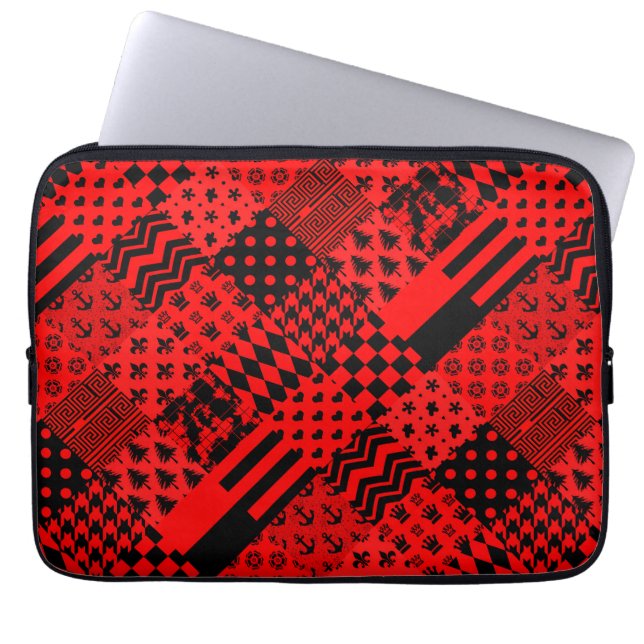Rode zwarte gemengde patronen Patchwork ontwerp Laptop Sleeve (Voorkant)
