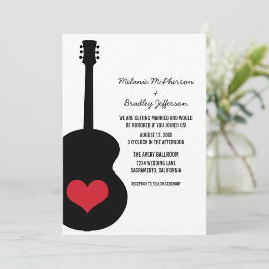 Rode/zwarte gitaarhartbruiloft kaart (Staand voorkant)
